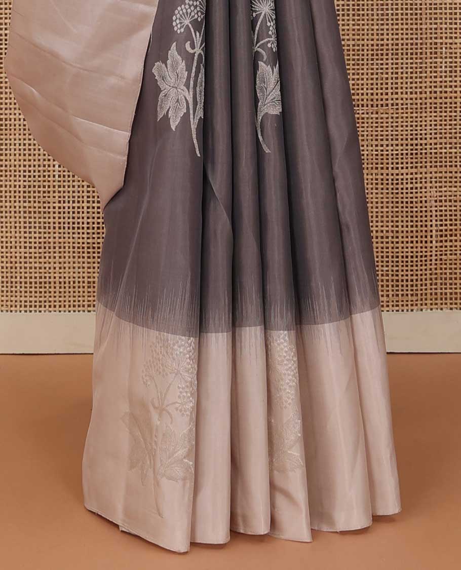 Grey floral buttas soft silk saree, contrast border of floral buttas, and jaal pallu