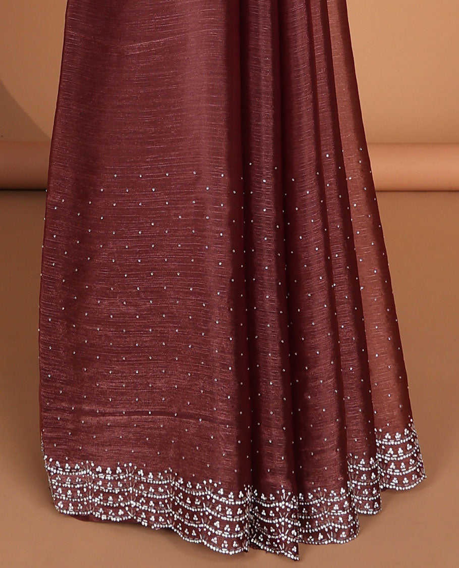 Pink all-over stone work burburry chiffion saree with self cutthana stone work border