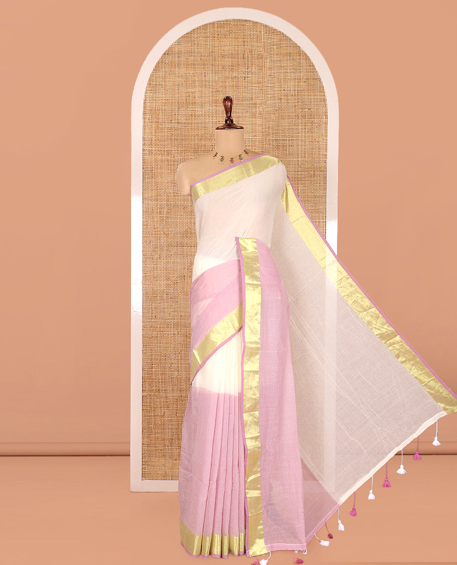 Cream-Lavender Half-And-Half Plain Khadi Mul Cotton Saree, a Gold Zari Border, Striped Pallu, and No Blouse