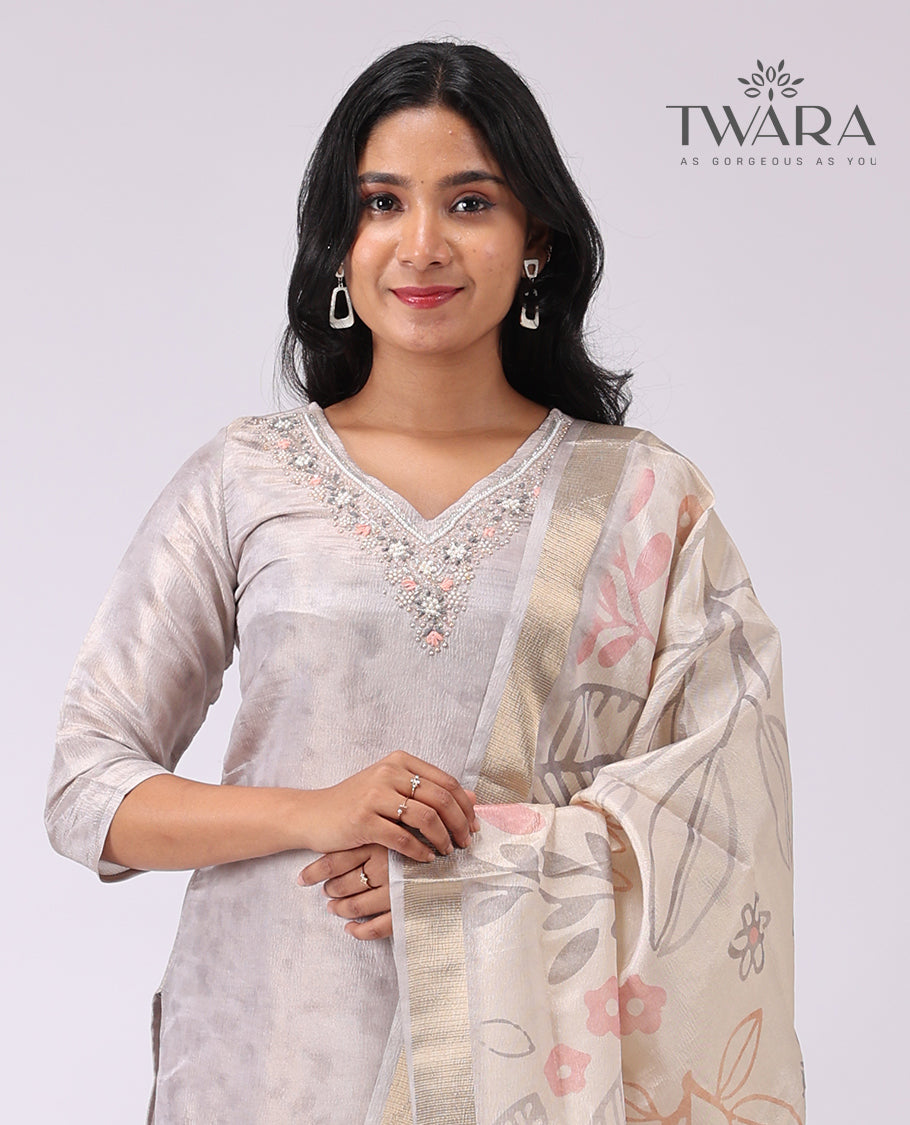 Twara cream floral embroidered v neck , 3/4 th sleeve , below knee lenght kurti with straign pants & floral design dupatta