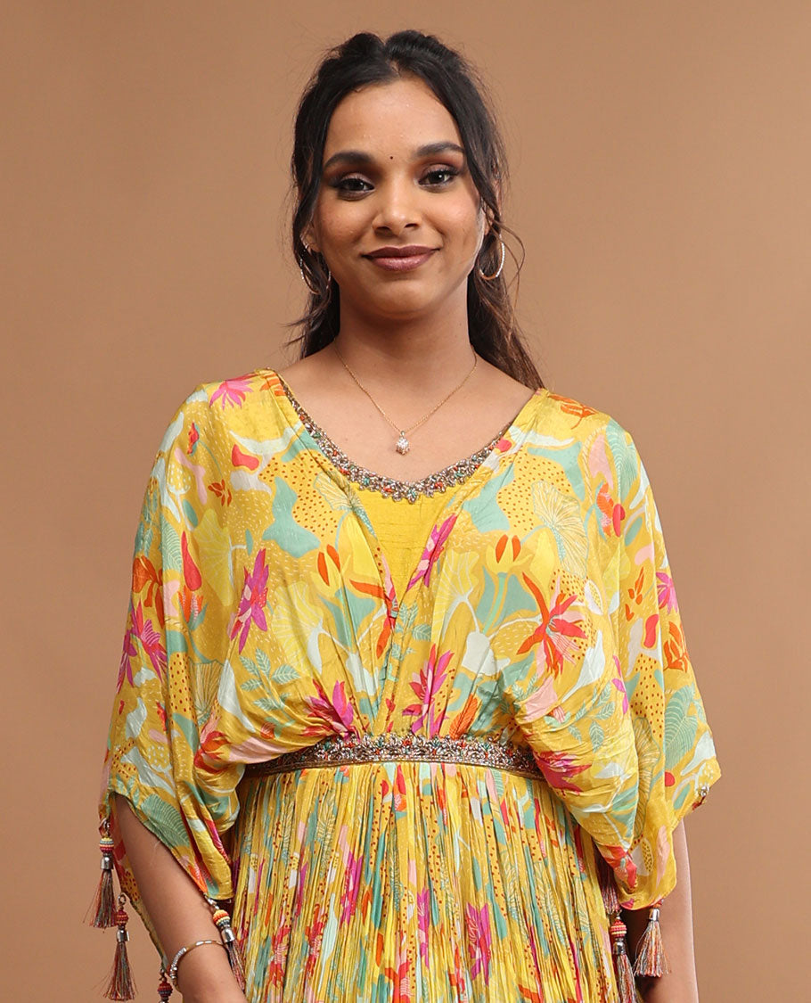 Yellow floral design v neck, elbow sleeve, floor length top