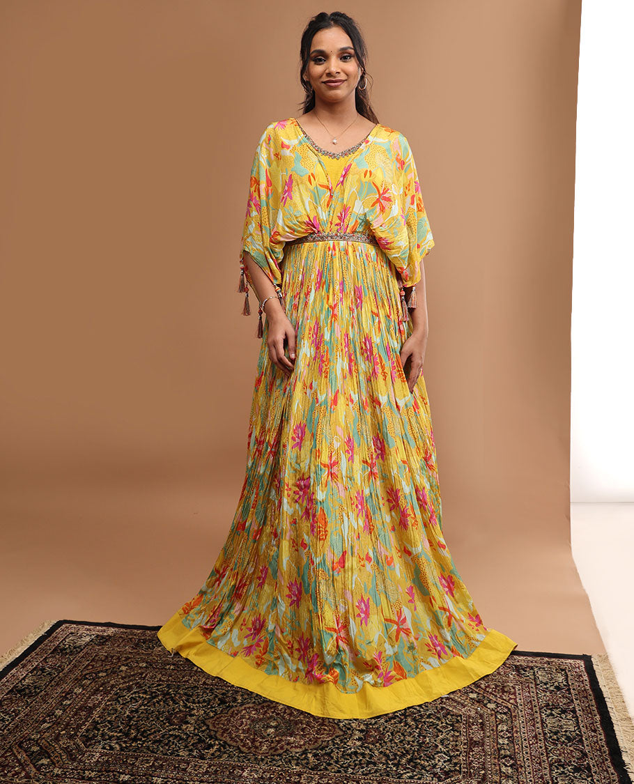 Yellow floral design v neck, elbow sleeve, floor length top