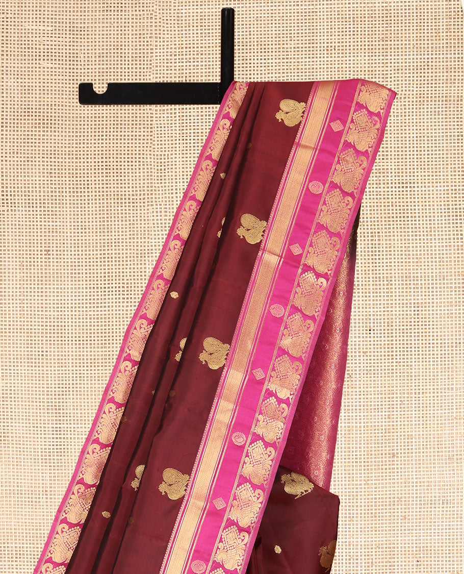 Maroon Vasundhara Lite Silk Mix Saree, Woven with Mayil Buttas, a Contrast Border of Rekku, Banaras, Mayil Kann, and Annam Designs, Grand Pallu, and a Contrast Blouse