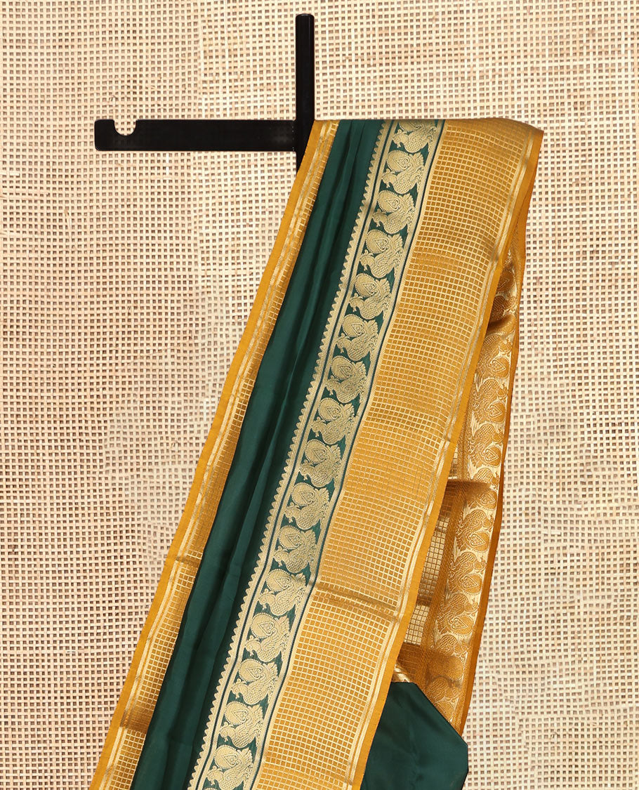 Green Plain Vasundhara Lite Silk Mix Saree, a Contrast Checked Border of Mayil Designs, Grand Pallu, and a Contrast Blouse