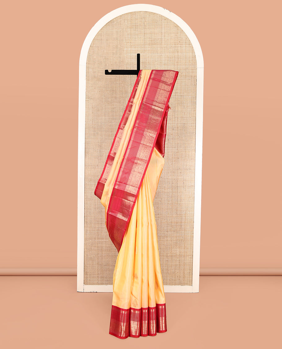 Yellow Vasundhara Silk Saree, Sparsely Woven with Zari Buttas, Complemented by Contrast Traditional Border, Jaal Pallu, and a Contrast Blouse