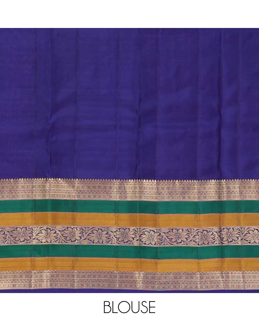 Green zari buttas silk saree, contrast border of rekku, neli, lavangam, Muthu, and rudraksham designs, and jaal pallu