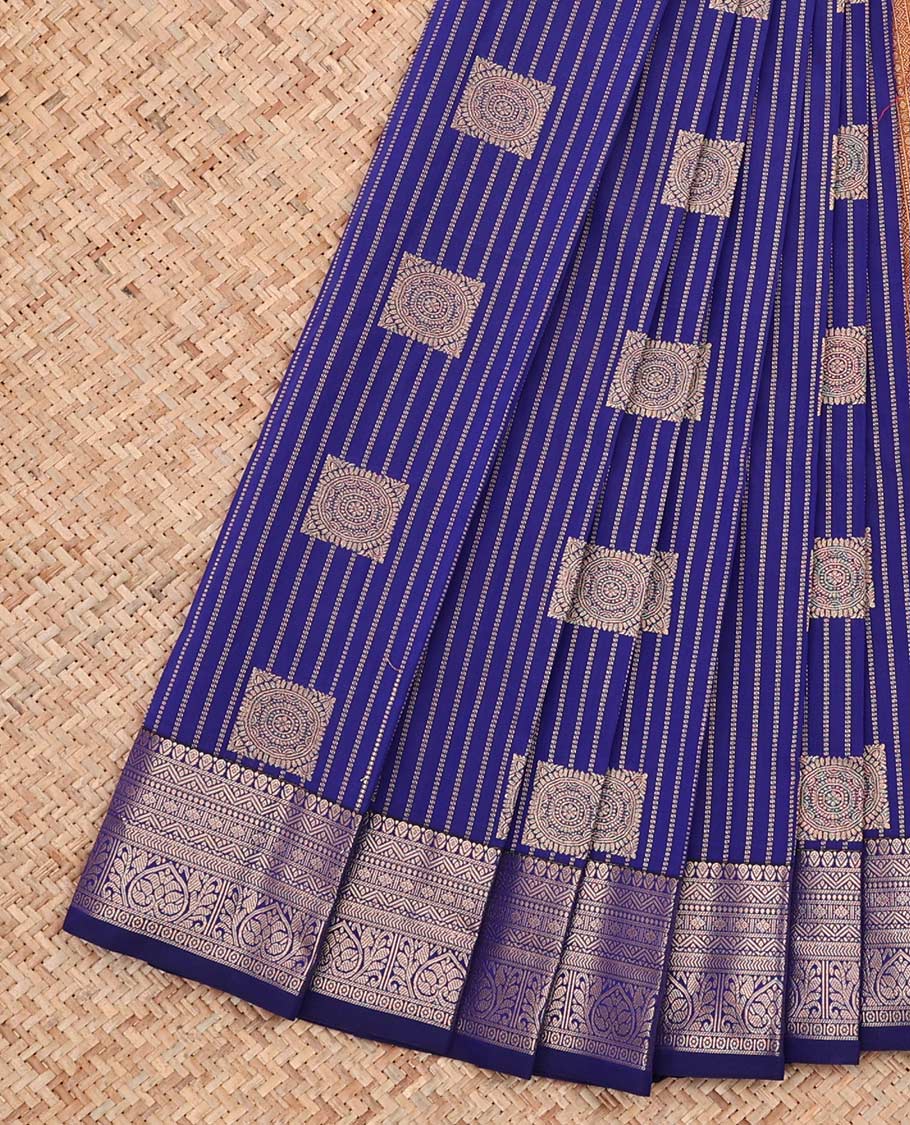 Blue Budget Silk Saree, Delicately Decked Up with Zari Buttas and Stripes All Over Its Body, Highlighted by Traditional Zari Designs Woven Border Contrast Grand Pallu and Paired with a Contrast Blouse
