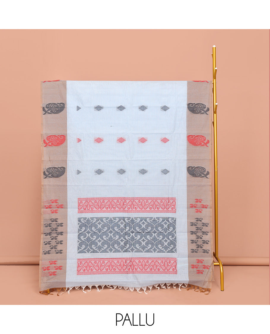 Blue Kanchi Cotton Saree Woven with Sparsely Stripes and Buttas All Over Its Body, Complemented by Contrast Border of Leaf Motifs, Intricate Pallu and Paired with a Matching Blouse
