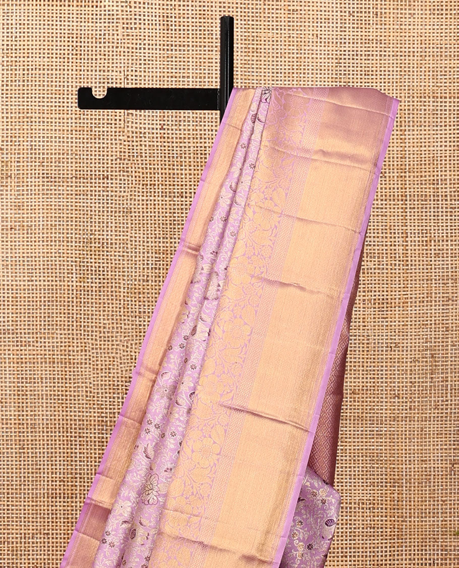 Pink Kanchipuram Tissue Silk Saree, Artfully Detailed with Floral Jacquard, Zari Border of Muthu, Kathir, Kuyil Kann, Mayil Kann, and Kodi Visiry Designs, Grand Pallu, and Matching Blouse