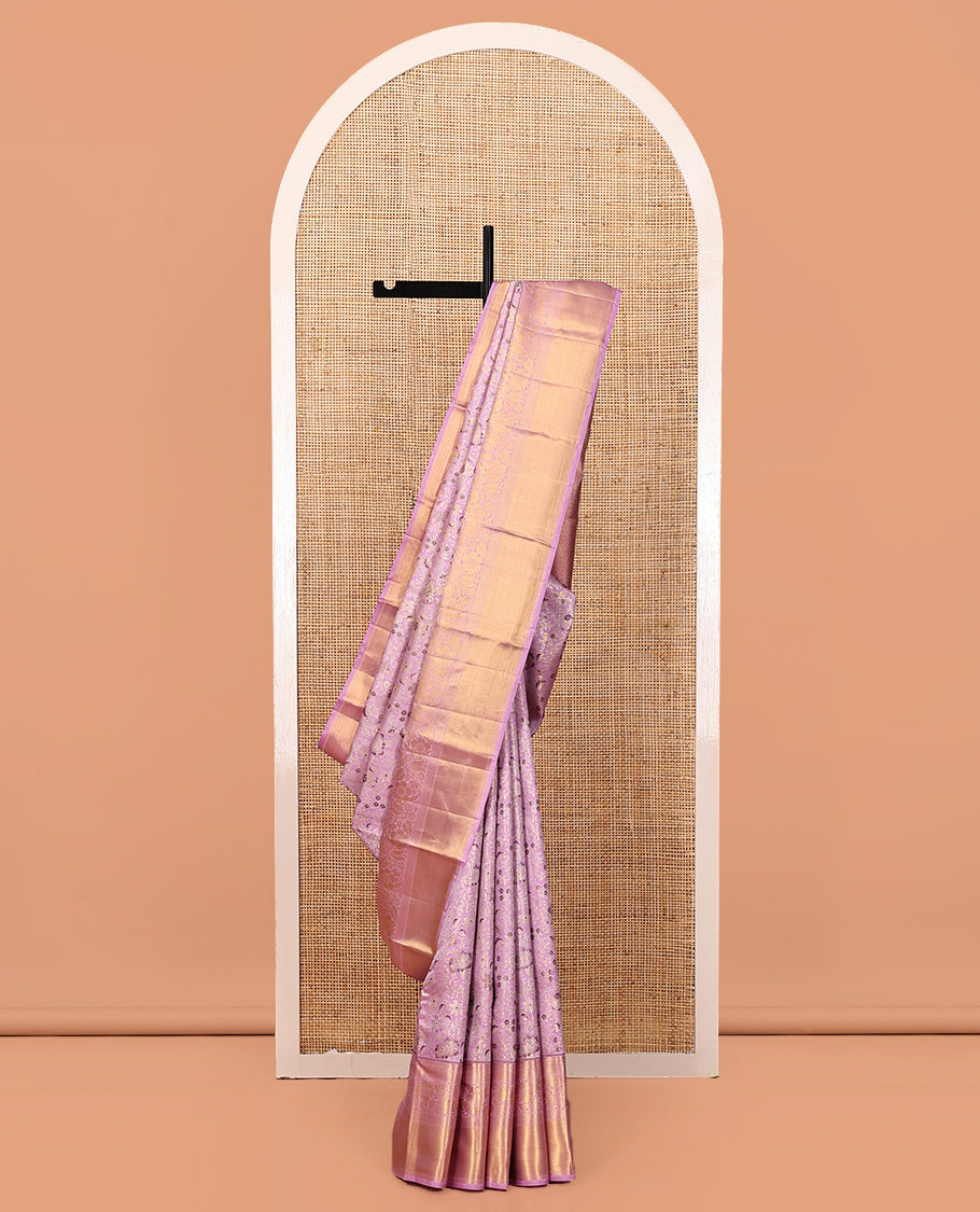 Pink Kanchipuram Tissue Silk Saree, Artfully Detailed with Floral Jacquard, Zari Border of Muthu, Kathir, Kuyil Kann, Mayil Kann, and Kodi Visiry Designs, Grand Pallu, and Matching Blouse