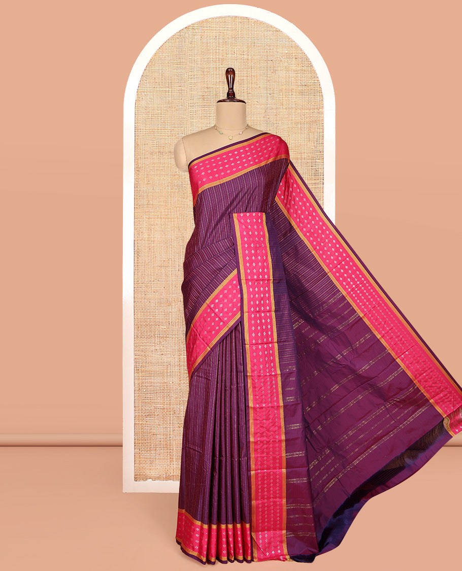 Purple Aarani Gift Saree, Adorned with Zari Stripes on Its Body, Complemented by a Contrast Zari Buttas Border, Pallu of Stripes, and Paired with a Matching Blouse