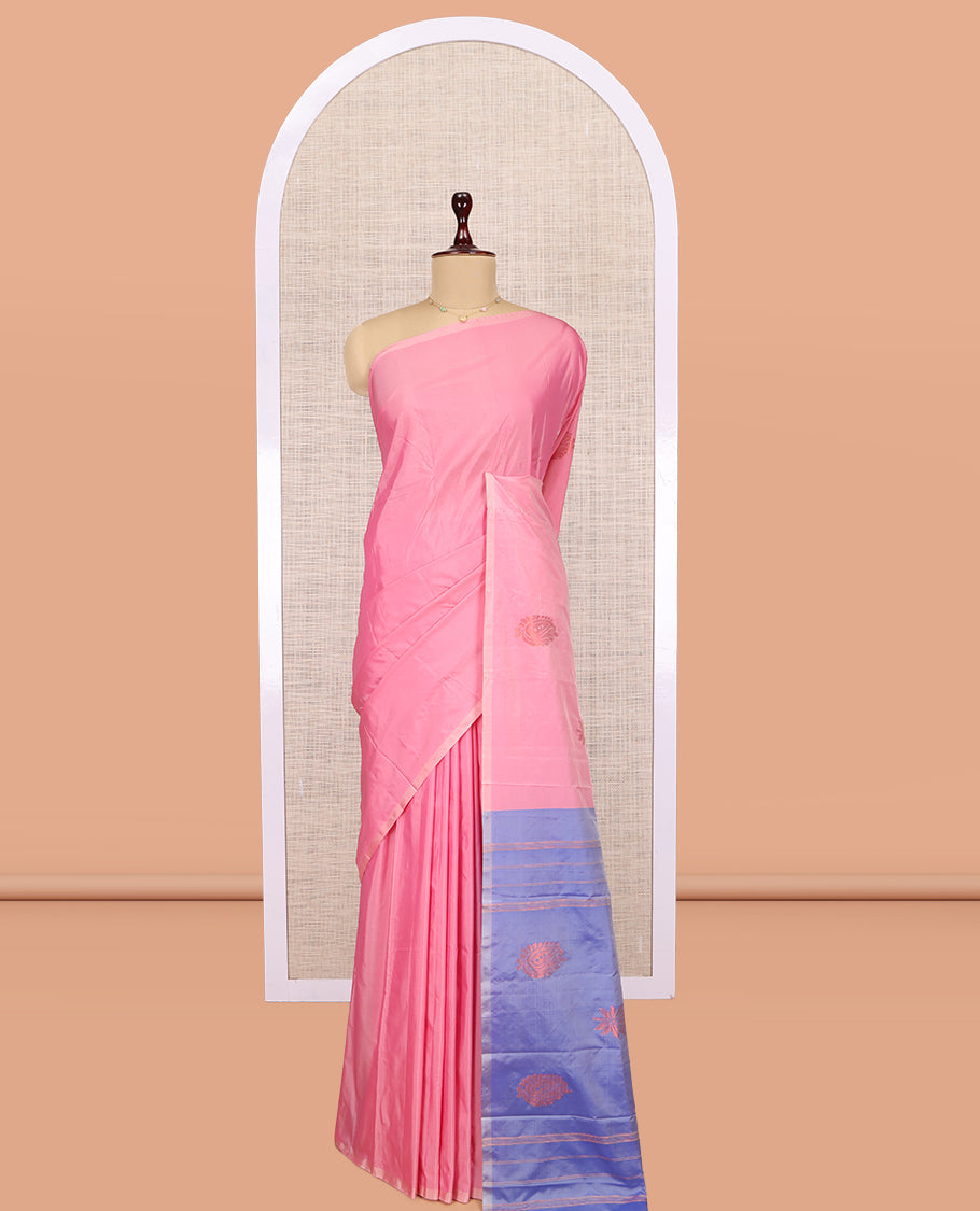 Borderless Pink Zari Buttas Woven Arani Saree, a Contrast Pallu of Buttas and Stripes, and a Contrast Blouse