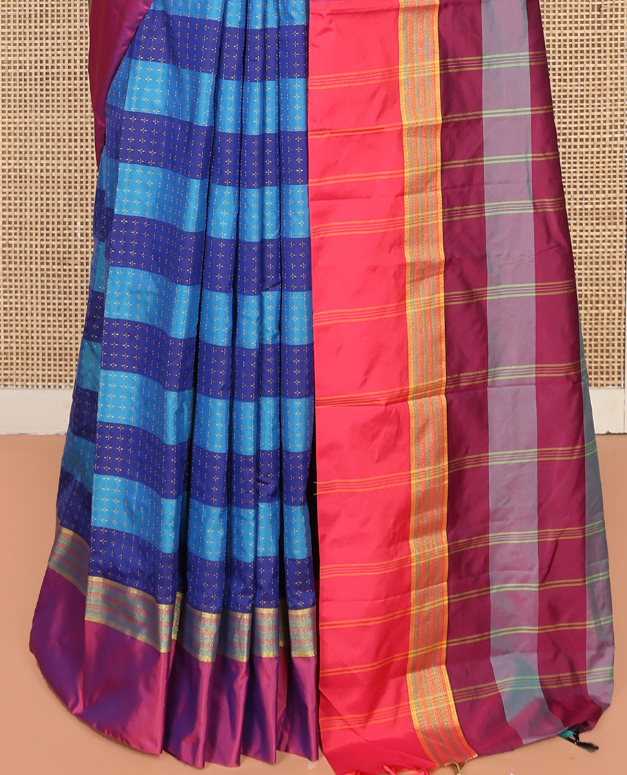 Blue Aarani Silk Saree, Accentuated with Buttas and Stripes, Complemented by a Contrast Border, Striped Pallu, and Paired with a Matching Blouse