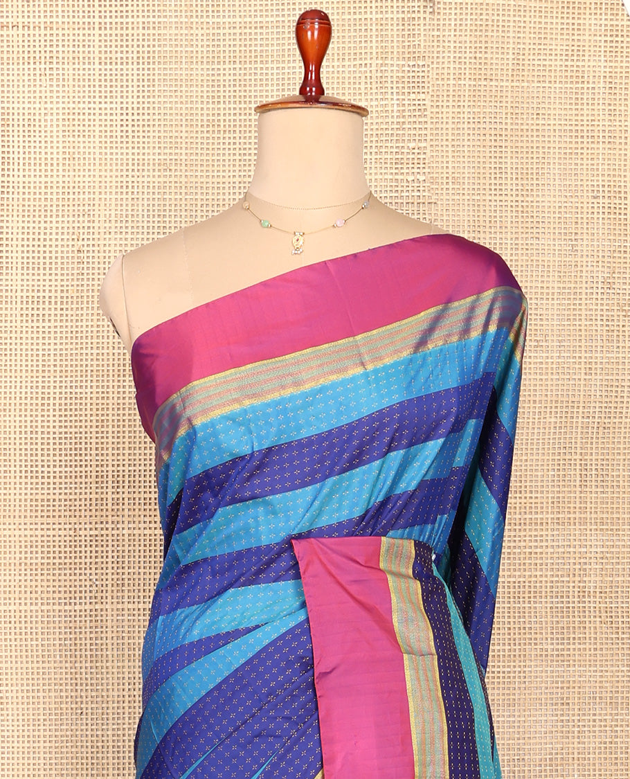 Blue Aarani Silk Saree, Accentuated with Buttas and Stripes, Complemented by a Contrast Border, Striped Pallu, and Paired with a Matching Blouse