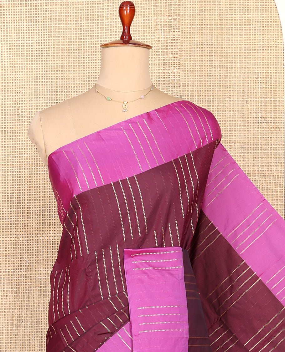 Brown Aarani Silk Saree, Charmingly Accented with Zari Stripes All Over Its Body, Complemented by a Contrast Zari Striped Border, Pallu of Stripes, and Paired with a Matching Blouse