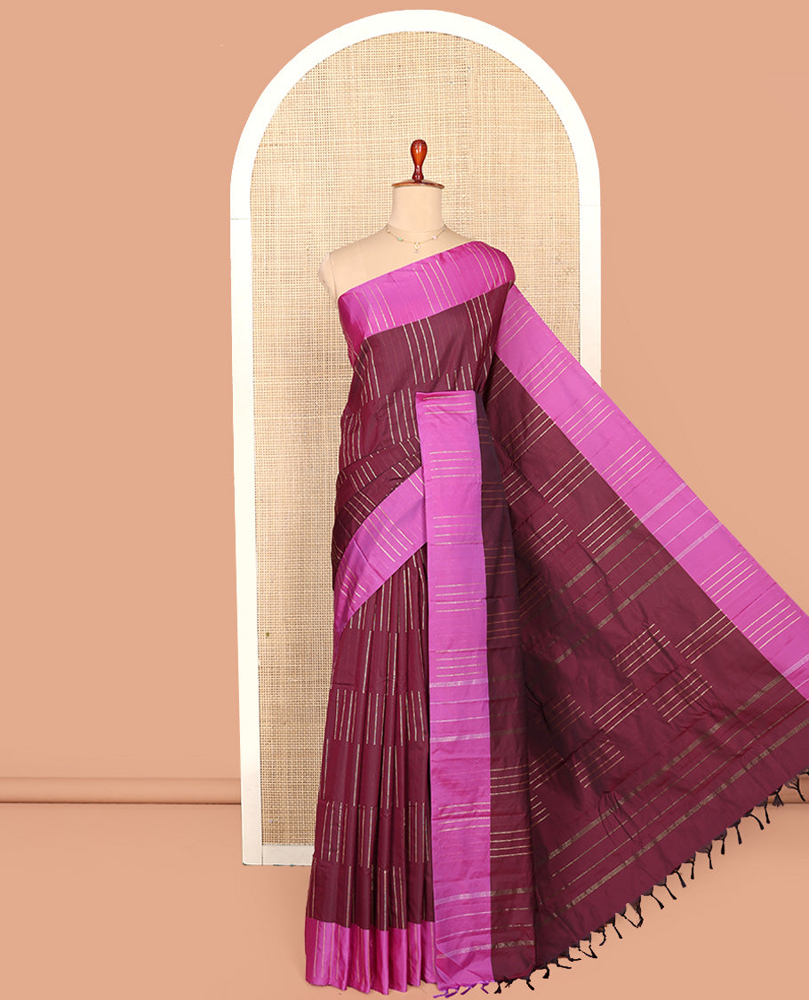 Brown Aarani Silk Saree, Charmingly Accented with Zari Stripes All Over Its Body, Complemented by a Contrast Zari Striped Border, Pallu of Stripes, and Paired with a Matching Blouse
