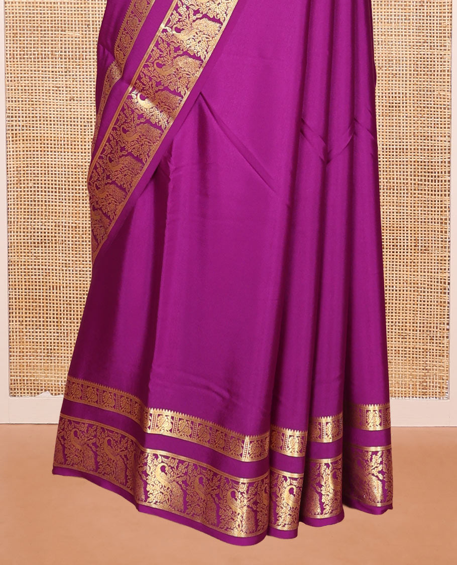 Purple Plain Mysore Silk Saree, Artfully Designed with Zari Border of Peacock Designs, Sparsely Woven Pallu of Stripes, and Paired with a Matching Blouse