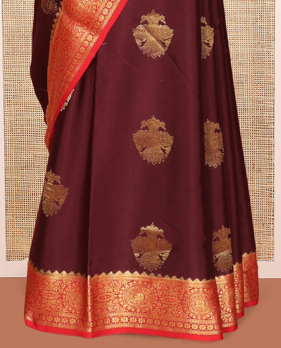 Brown Mysore Silk Saree, Beautified with Geometric Zari Designs All Over Its Body, Complemented by Captivating Contrast Border of Traditional Zari Designs, Gleaming Zari Striped Pallu, and Paired with a Contrast Blouse