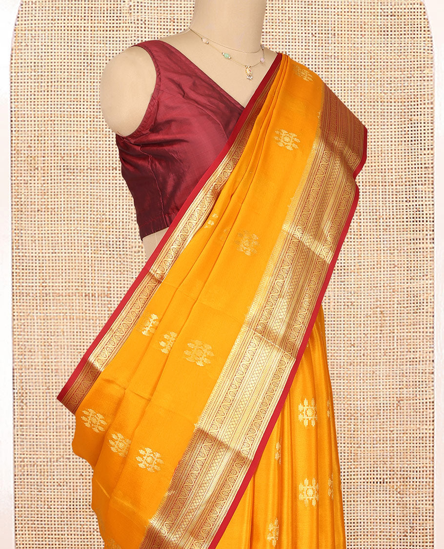 Yellow Mysore Silk Saree, Detailed with Zari Buttas, Complemented by a Contrast Traditional Zari Border, Jaal Pallu, and a Contrast Blouse