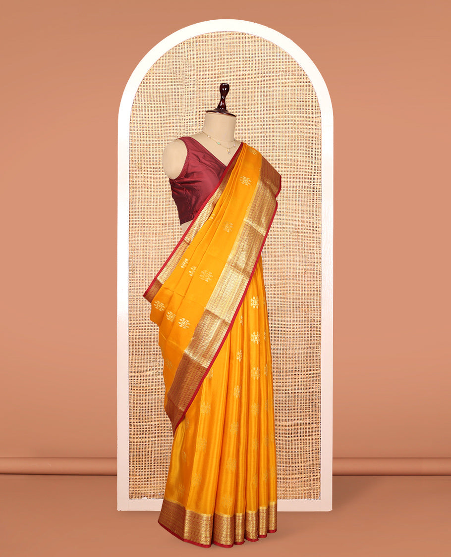 Yellow Mysore Silk Saree, Detailed with Zari Buttas, Complemented by a Contrast Traditional Zari Border, Jaal Pallu, and a Contrast Blouse