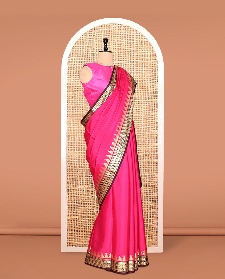 Pink Plain Mysore Silk Saree, Complemented by a Contrast Temple Peacock Zari Border, Zari Design Pallu, and a Contrast Blouse