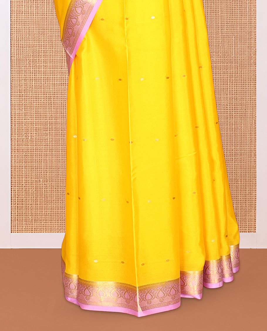 Yellow Zari Buttas Mysore Silk Saree, Complemented by a Contrast Traditional Zari Border, Zari Design Pallu, and a Contrast Blouse