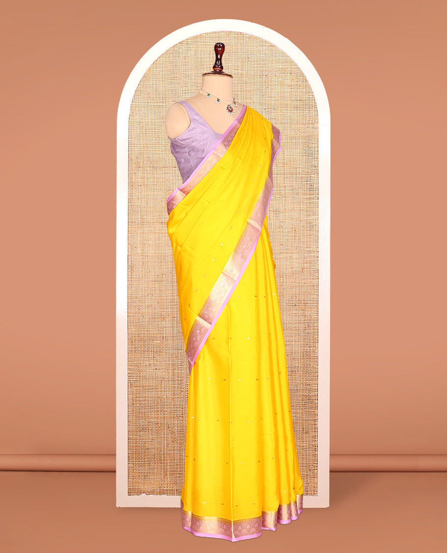 Yellow Zari Buttas Mysore Silk Saree, Complemented by a Contrast Traditional Zari Border, Zari Design Pallu, and a Contrast Blouse