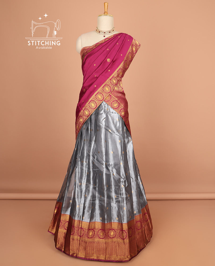 Grey floral buttas half saree with contrast zari design border, zari design blouse & floral zari design dhavani