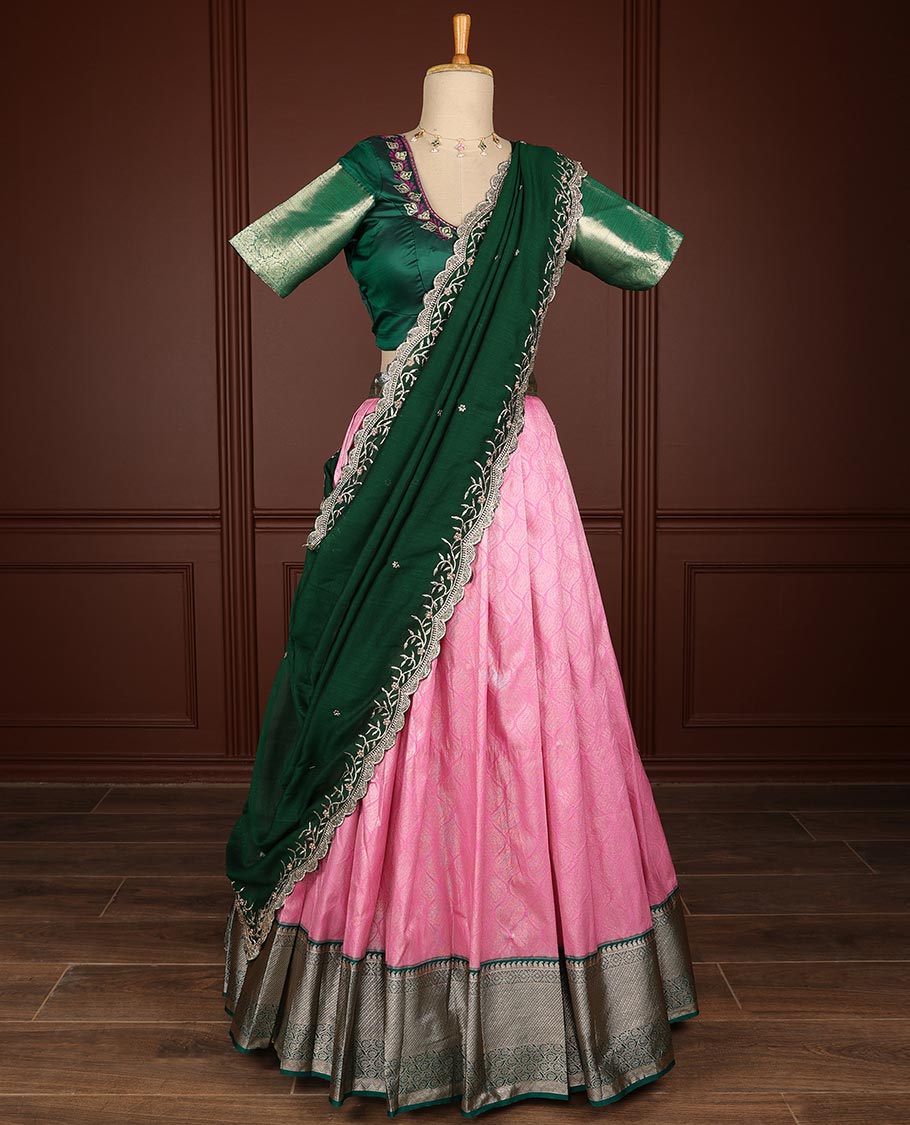 Pink ogee design half saree with contrast zari design border, embroidery blouse & floral embroidery dhavani