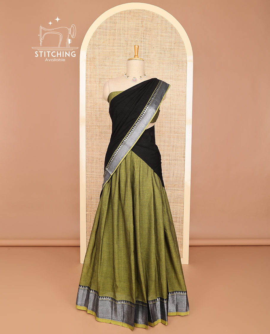 Green half saree with self zari design border, zari design blouse & plain, intricate zari design border dhavani