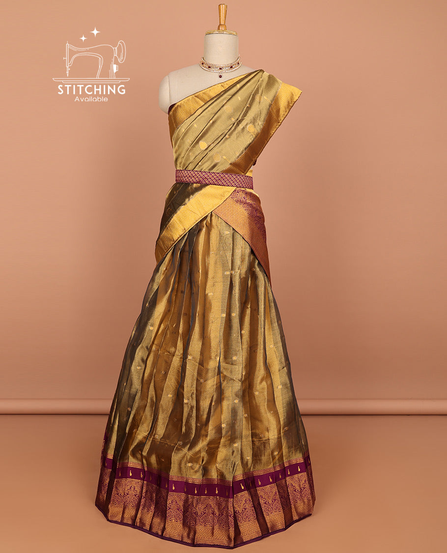 Brown zari buttas art silk half saree with contrast zari maroon border, zari checked design blouse & intricate zari design dhavani