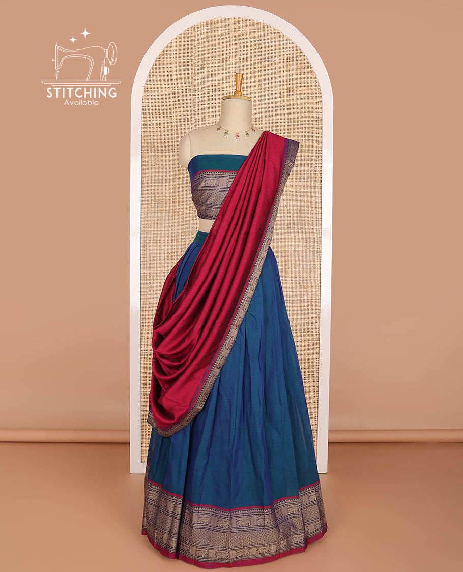 Blue cotton half saree with contrast elephant design border,elephant design blouse & zari design border dhavani