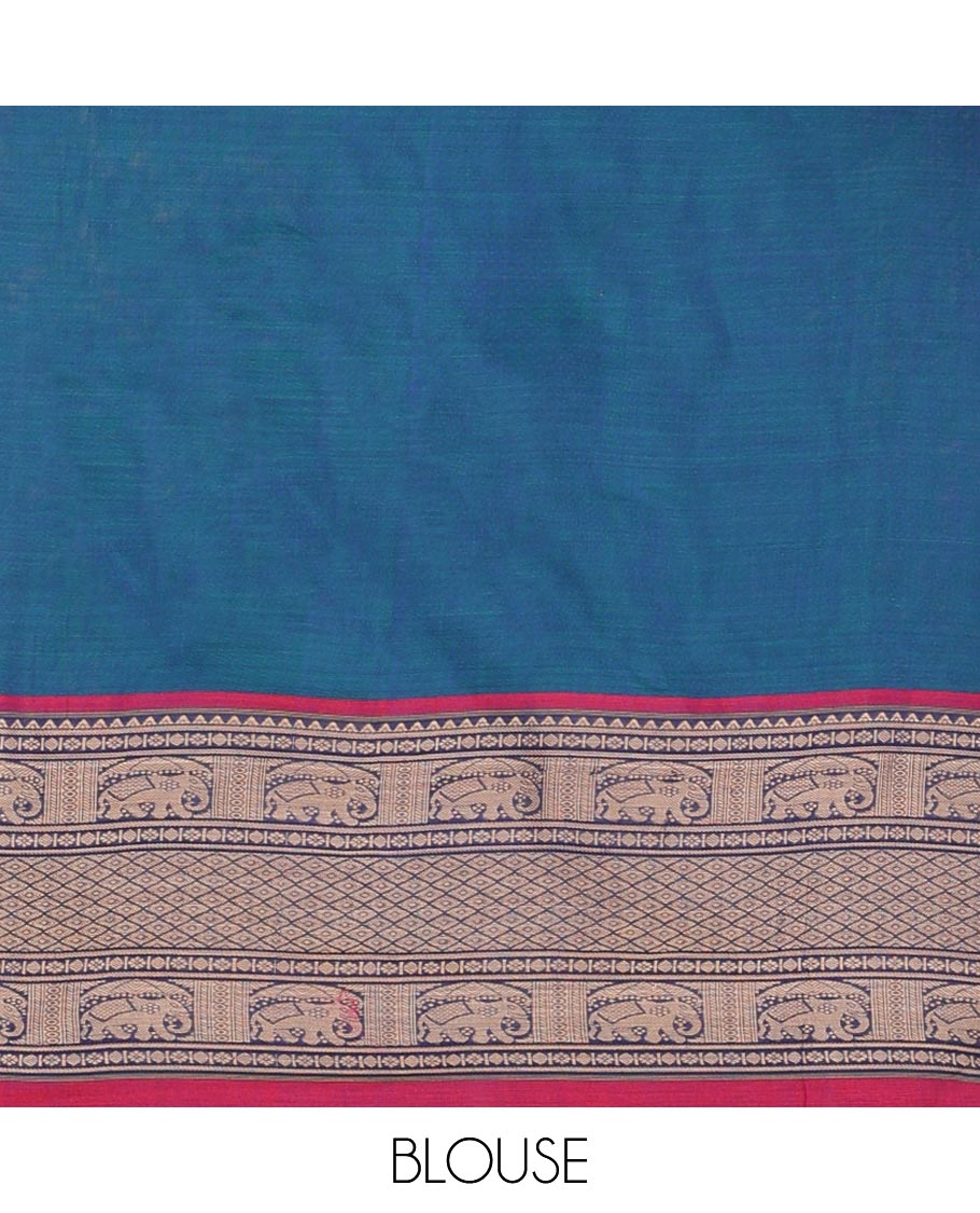 Blue cotton half saree with contrast elephant design border,elephant design blouse & zari design border dhavani