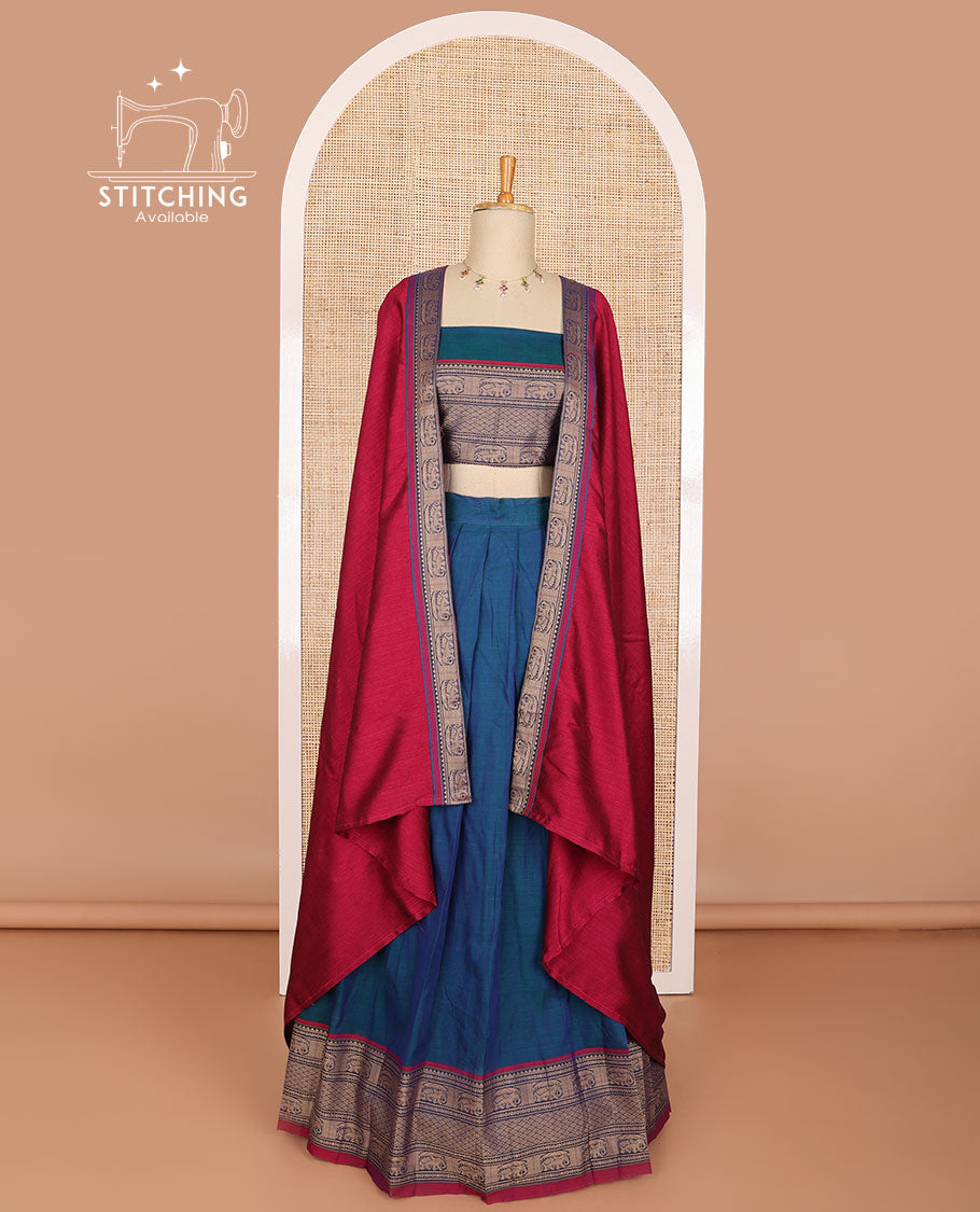 Blue cotton half saree with contrast elephant design border,elephant design blouse & zari design border dhavani