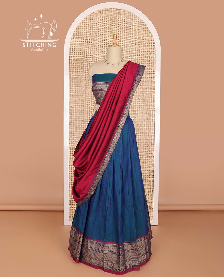 Blue cotton half saree with contrast elephant design border,elephant design blouse & zari design border dhavani