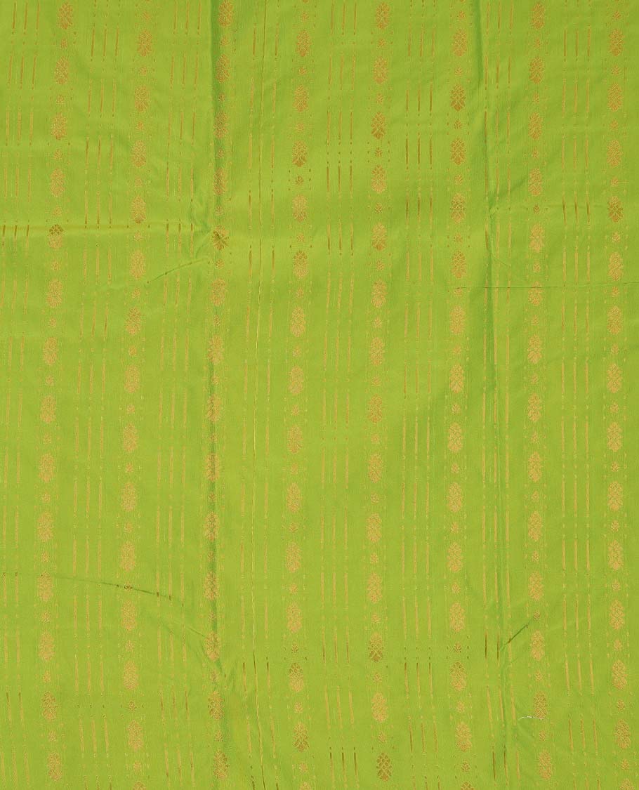 Parrot green art silk pavadai material, zari design with contrast traditional zari border skirt, and contrast blouse