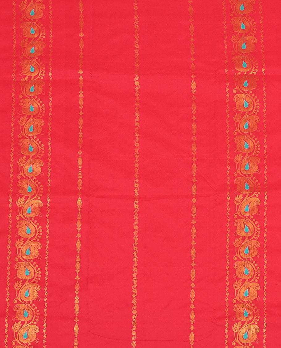 Red Art Silk Pavadai Material Set, Enriched with Zari Designs on Its Skirt, Complemented by a Contrast Paisley Zari Border, and a Matching Blouse