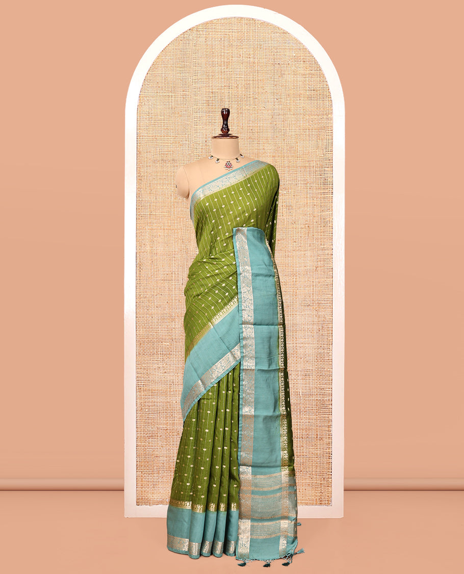 Green Assam Silk Saree, Woven with Zari Stripes, Complemented Contrast by a Traditional Zari Border, Striped Pallu, and a Contrast Blouse
