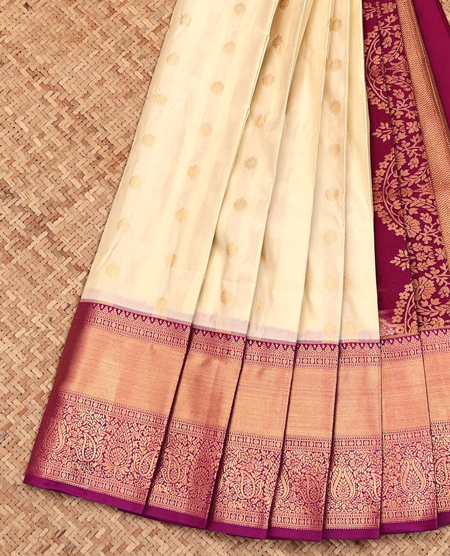 Cream Budget Silk Saree, Decked Up with Zari Buttas All Over Its Body, Complemented by a Contrast Traditional Zari Design Border, Grand Pallu, and Paired with a Contrast Blouse