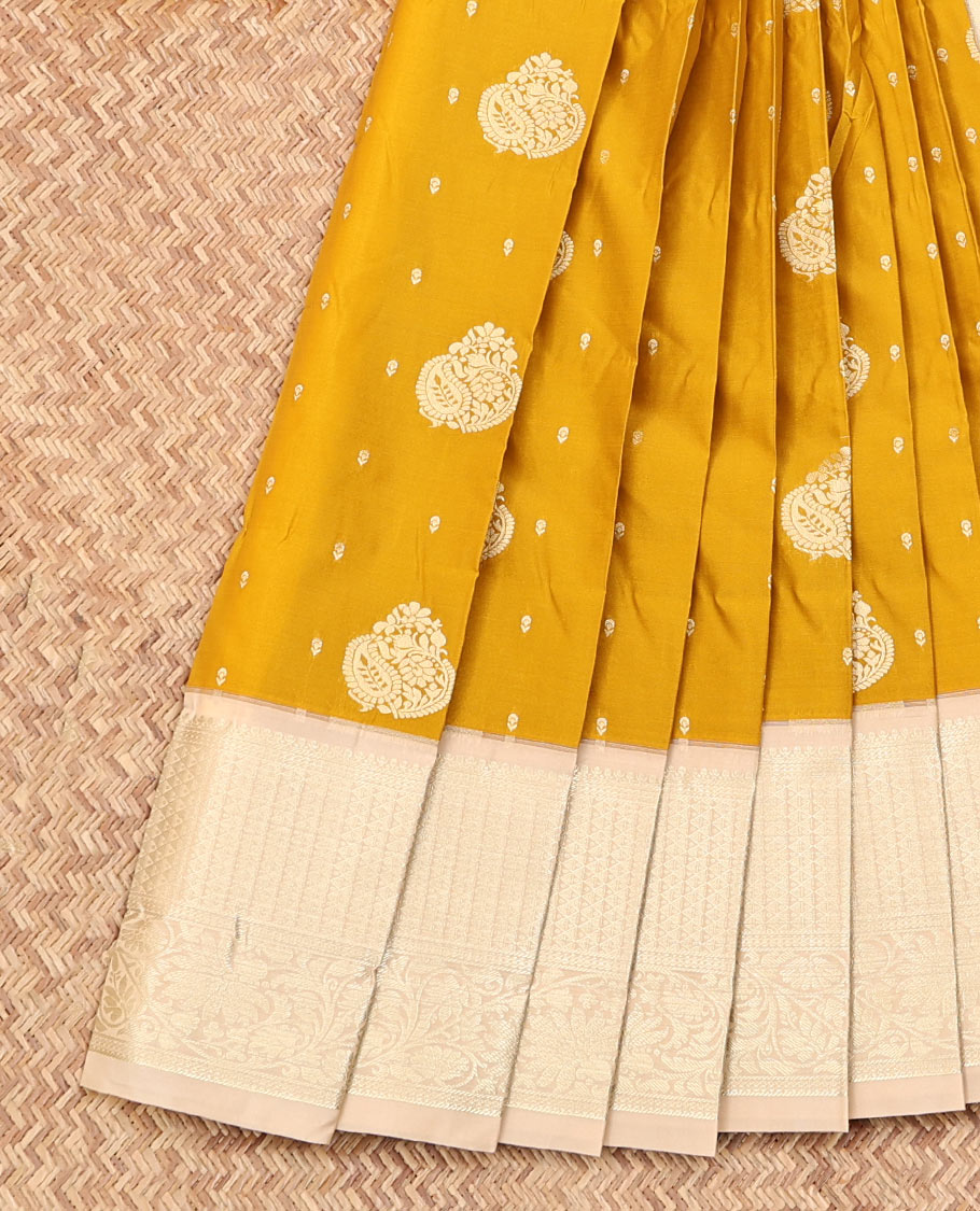 Yellow Budget Silk Saree, Featuring Zari Buttas on Its Body, Complemented by a Contrast Traditional Zari Design Border, Grand Pallu, and Paired with a Contrast Blouse
