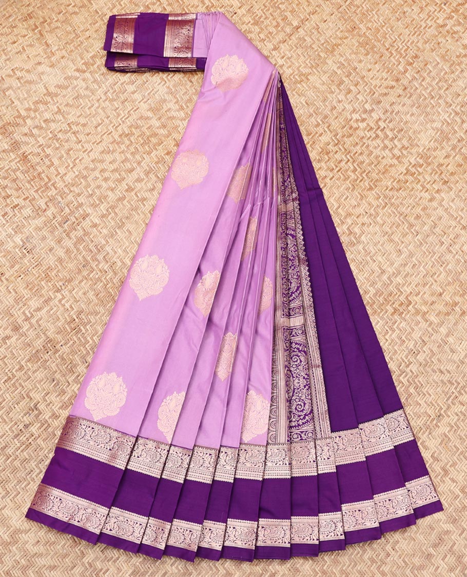 Lavender Budget Silk Saree, Embellished with Zari Buttas, Complemented by Contrast Traditional Zari Rettai Pettu Border, Grand Pallu, and a Contrast Blouse