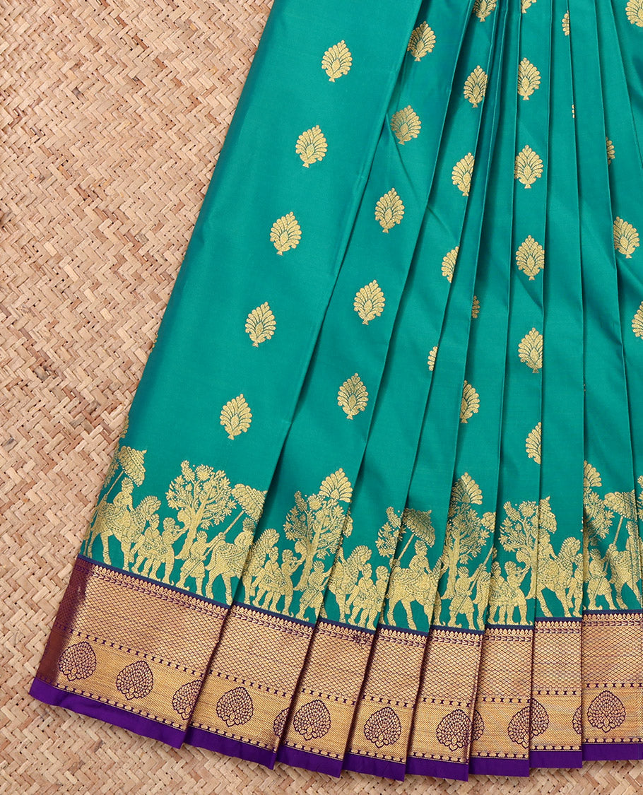 Green Budget Silk Saree, Woven with Zari Buttas, a Contrast Traditional Zari Border, Grand Pallu, and a Contrast Blouse