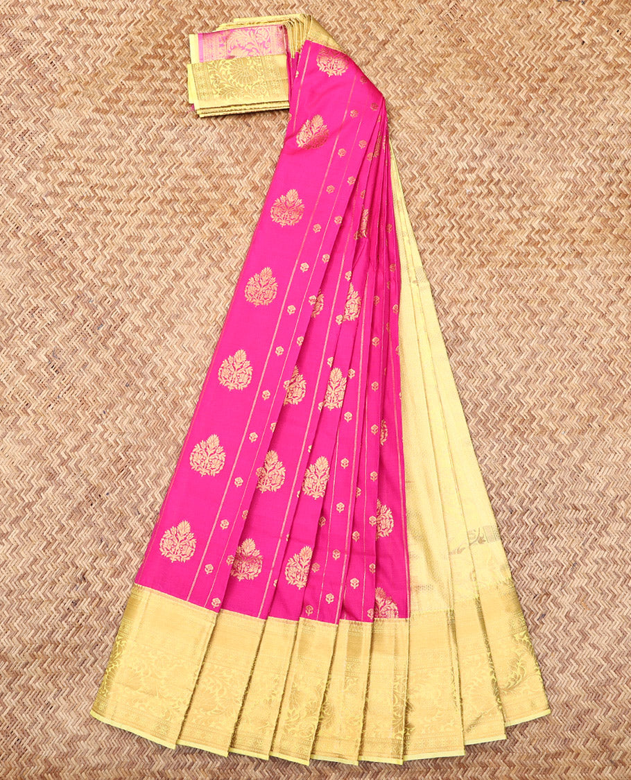 Pink Budget Silk Saree, Embellished with Zari Buttas and Stripes, Complemented by a Contrast Traditional Zari Border, Sparsely Woven Pallu, and a Contrast Blouse