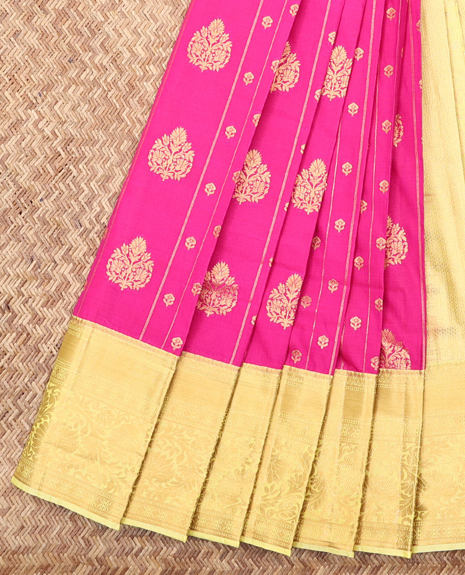 Pink Budget Silk Saree, Embellished with Zari Buttas and Stripes, Complemented by a Contrast Traditional Zari Border, Sparsely Woven Pallu, and a Contrast Blouse