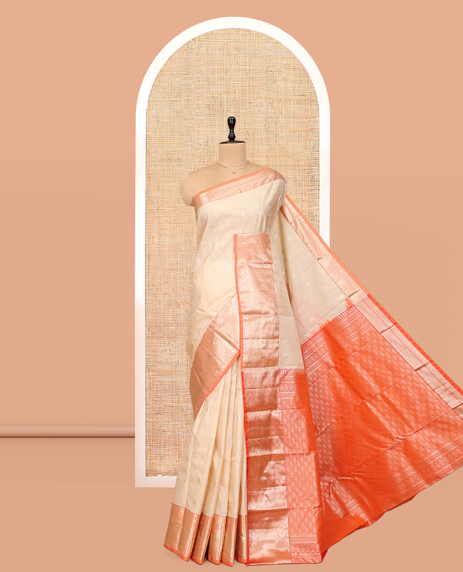 Light Sandal Budget Silk Saree, Crafted with Zari Buttas, Complemented by a Contrast Traditional Zari Border, Pallu of Jaal Design, and Contrast Blouse