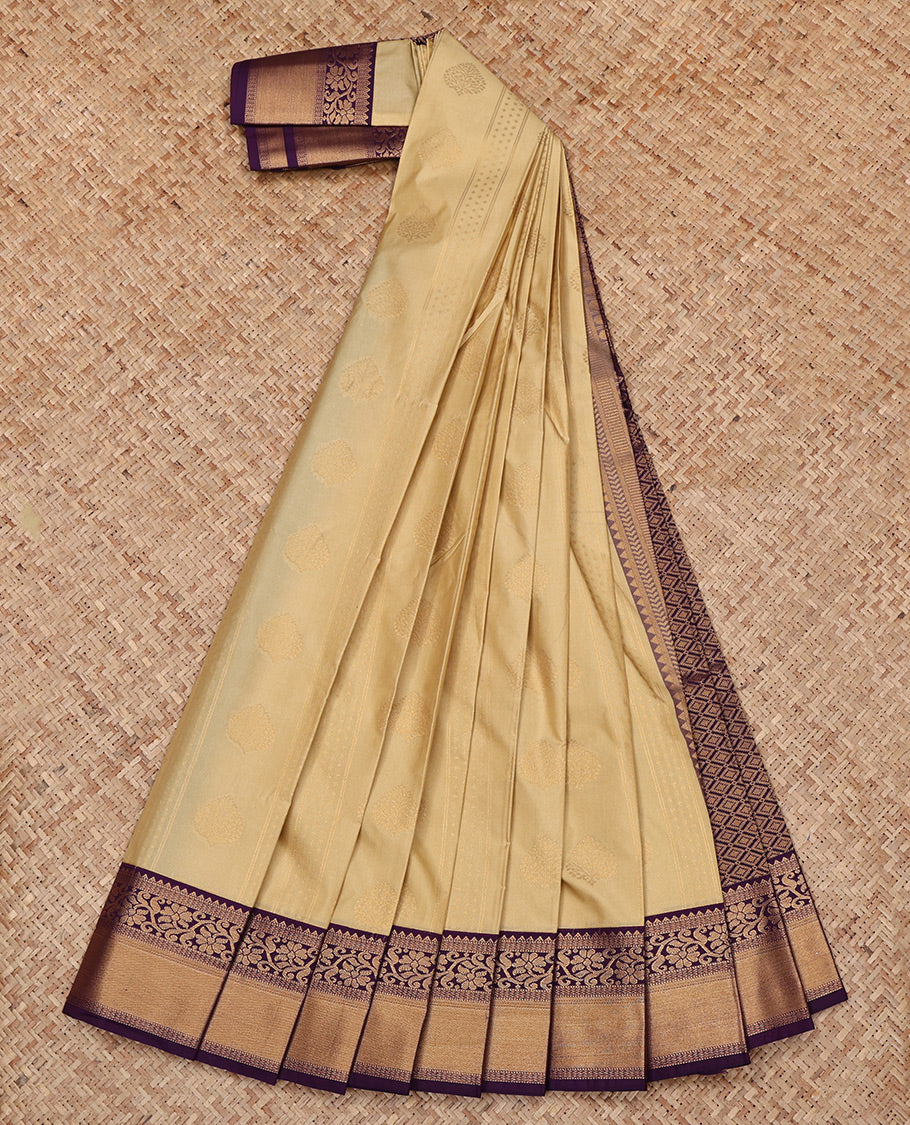 Sandal Budget Silk Saree, Sparsely Woven with Zari Buttas All Over Its Body, Complemented by a Contrast Traditional Zari Border, Grand Jaal Pallu, and Paired with a Contrast Blouse