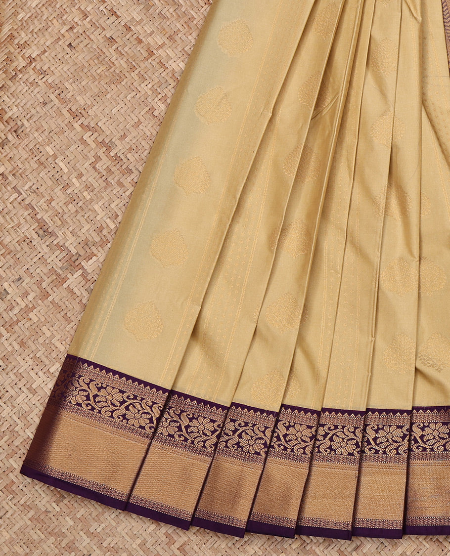 Sandal Budget Silk Saree, Sparsely Woven with Zari Buttas All Over Its Body, Complemented by a Contrast Traditional Zari Border, Grand Jaal Pallu, and Paired with a Contrast Blouse