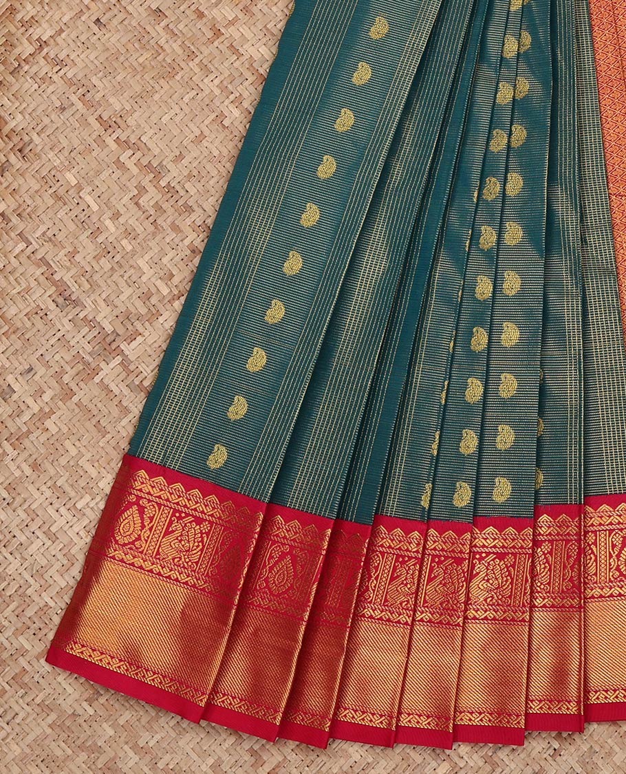 Blue Budget Silk Saree, Opulently Embellished with Zari Buttas and Checks on Its Body, Complemented by a Contrast Traditional Zari Design Border, Grand Jaal Pallu, and Paired with a Contrast Blouse