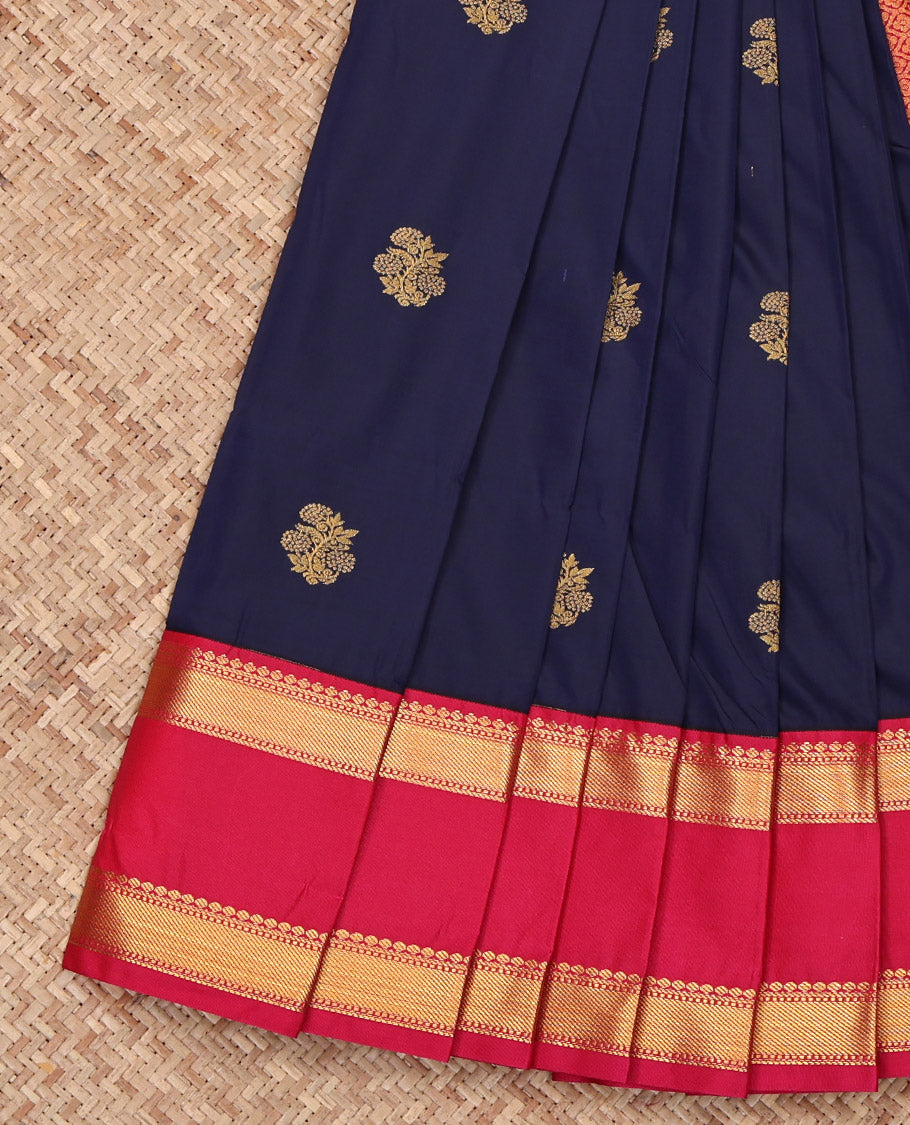 Navy Blue Budget Silk Saree, Detailed with Floral Buttas on Its Body, Complemented by a Contrast Traditional Zari Design Rettai Pettu Border, Pallu of Jaal Designs, and Paired with a Contrast Blouse
