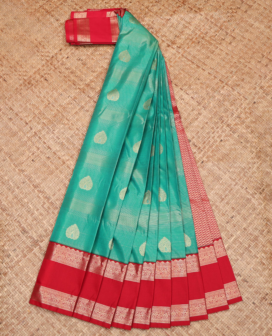 Green Budget Silk Saree, Decorated with Zari Buttas and Stripes, Complemented by a Contrast Traditional Zari Design Rettai Pettu Border, Grand Pallu, and a Contrast Blouse